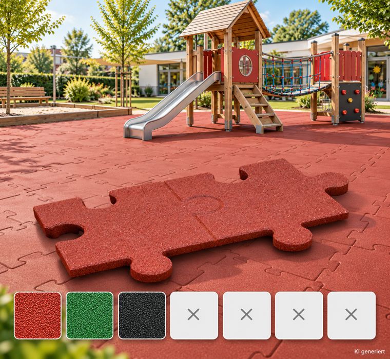 Interlocking safety flooring tiles in red, green, and black
